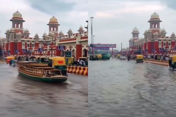 Video: लखनऊ चारबाग रेलवे स्टेशन के सामने चल रही नाव, वीडियो वायरल