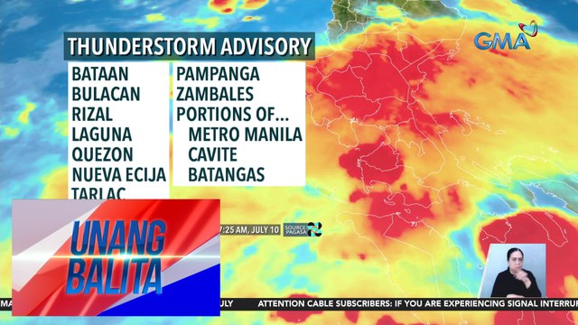 Thunderstorm advisory, nakataas sa ilang bahagi ng Central Luzon at CALABARZON - Weather update today as of 7:08 a.m. (July 10, 2024) | Unang Balita