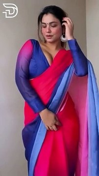Posing in Red and Blue Combination Satin Saree with Matching Blouse Saree Fashion model