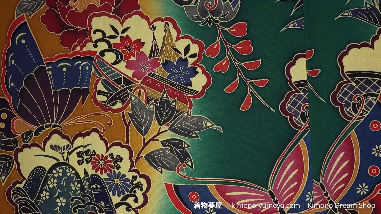 Unique Brown Green Yellow Chirimen Silk Furisode - Vintage Tall & Wide Hips Formal Women's Kimono - Hand-Painted Butterflies, Peonies, Irises