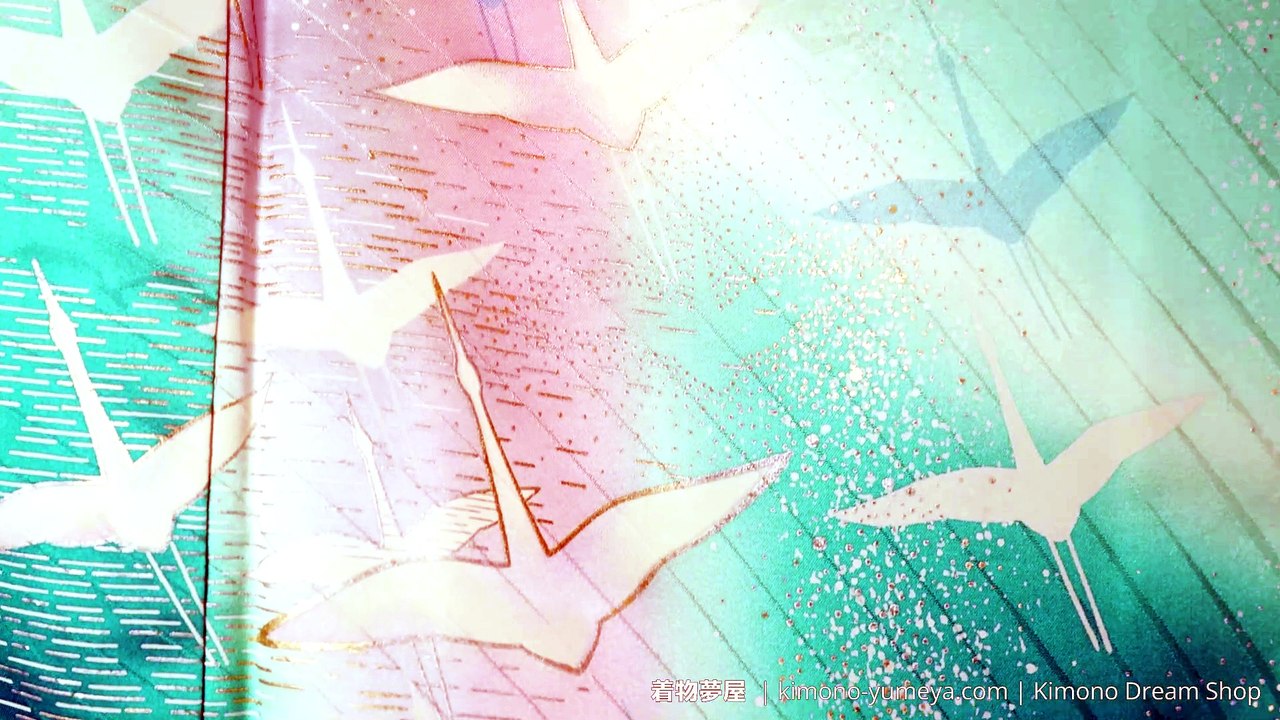 Cranes Flying Across the Baby Blue Ocean Furisode from the 1980s - Vintage Rinzu Silk Women's Kimono - White Birds, Colorful Metallic Accenting