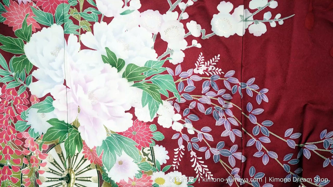 Vintage Red Silk Furisode with White Flowers - Plum Blossoms, Peonies, Chrysanthemums Floral Women's Kimono - Gold Chinese Bellflowers - Hanaguruma