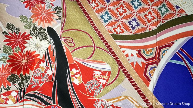 Vibrant Blue & Orange Rinzu Silk Furisode for Women - Floral Traditional Japanese Kimono - Ancient Story of Princess on Scrolls - Kikkou, Shippou