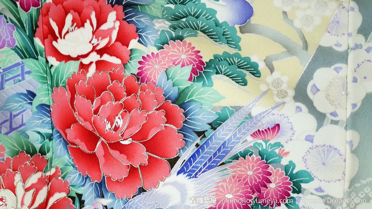 Light Grey Silk Furisode with Blue Pheasants & Red Peonies on Folding Fans - White Plum Blossoms - Kikyo, Matu, Kaede, Tsubaki, Tsuru, Irises, Ekasumi