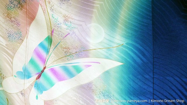 Retro 1980s Rinzu Silk Furisode for Tall Women - Vintage Vibrant Blue Kimono with White & Pink Butterflies & Bubbles - Gorgeous Hand-Painted Gradients