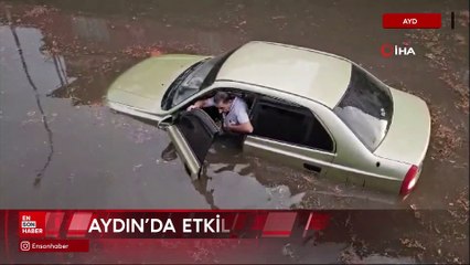 Aydın'da göle dönen alt geçide giren otomobil sulara gömüldü