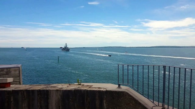 Royal Navy frigate HMS Iron Duke sailing into Portsmouth from Scotland