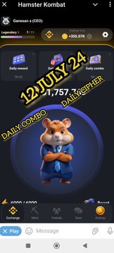 Hamster Kombat Daily Cipher code and combo card | 12 July 24