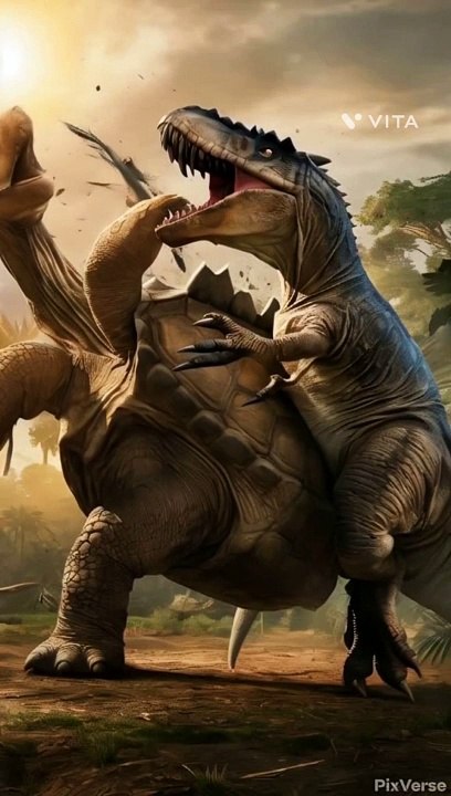 Dinosaur fighting with tortoise