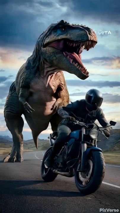 Dinosaur fighting running after biker