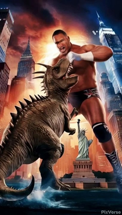 Dinosaur fighting with wrestler