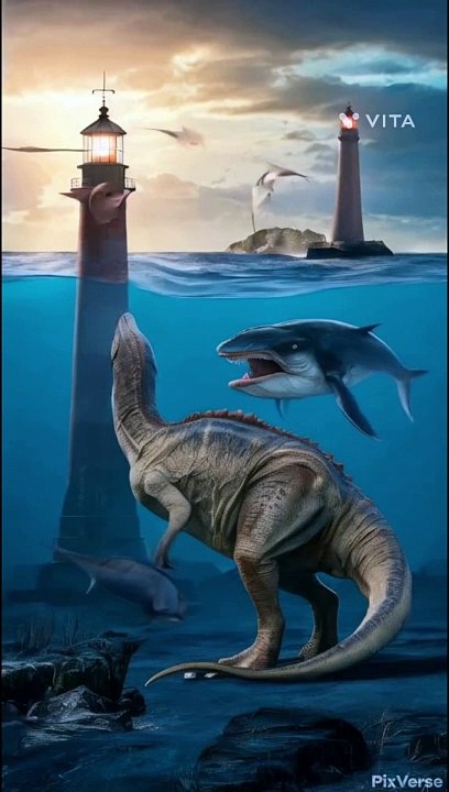 Dinosaur fighting with whale near light house