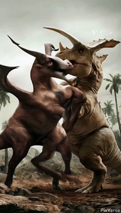 Dinosaur fighting with big goat