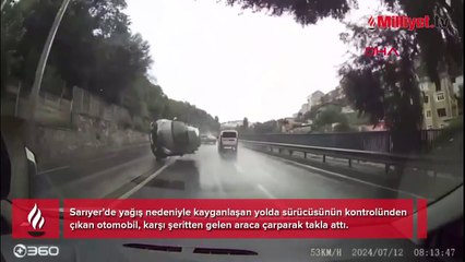 Sarıyer'de kaza anı kamerada! Araç takla attı