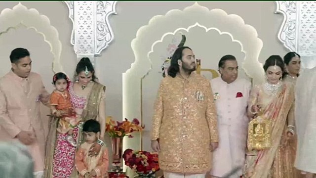 Caption Joyous parents Shri Mukesh D Ambani and Smt. Nita M Ambani, along with the family, proudly escort the groom, Anant Ambani, to the safaa ceremony, celebrating this special moment with heartfelt joy and excitement. #ARWeddingCelebrations