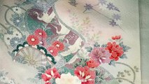 Grey Vintage Houmongi with Chrysanthemums, Peonies, Plum Blossoms, Sensu, Scrolls, Hand Painted Kyo-Yuzen - Soft Silk - Cranes, Genji Wheels