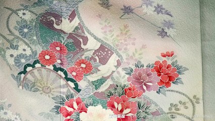 Grey Vintage Houmongi with Chrysanthemums, Peonies, Plum Blossoms, Sensu, Scrolls, Hand Painted Kyo-Yuzen - Soft Silk - Cranes, Genji Wheels