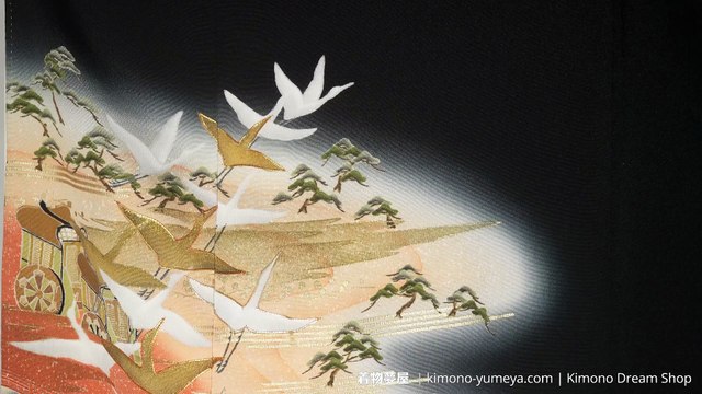 Black Light Red Gold Tomesode with Hand Painted Bridges, - Vintage Soft Chirimen Silk - Traveling Cart, Pine Trees, Cranes