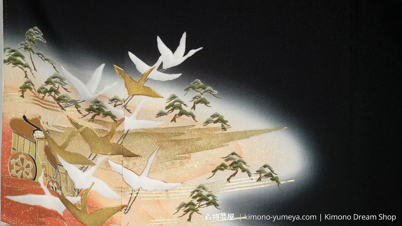Black Light Red Gold Tomesode with Hand Painted Bridges, - Vintage Soft Chirimen Silk - Traveling Cart, Pine Trees, Cranes