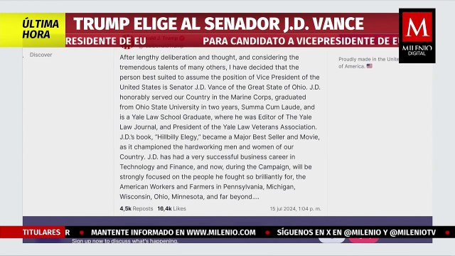 Trump elige al senador JD Vance como candidato a vicepresidente de EU