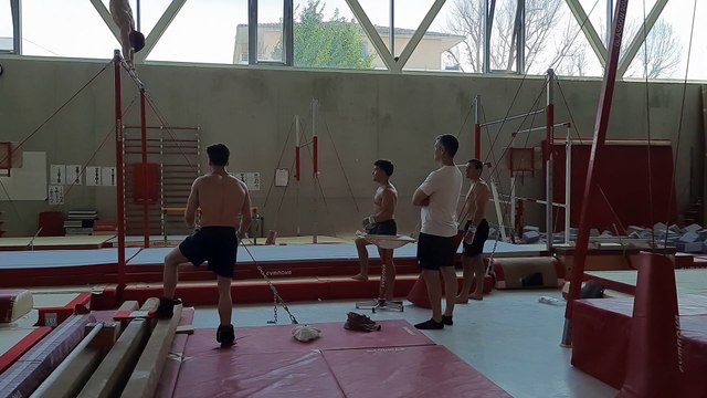 L'équipe de gymnastique olympique du Canada s'entraine à la barre fixe à Avignon