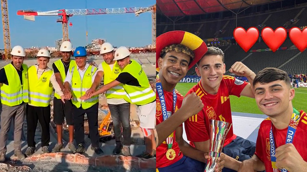 Lamine Yamal, Gavi y Pedri llegan junto al presidente Laporta para ver los avances del Spotify Camp Nou