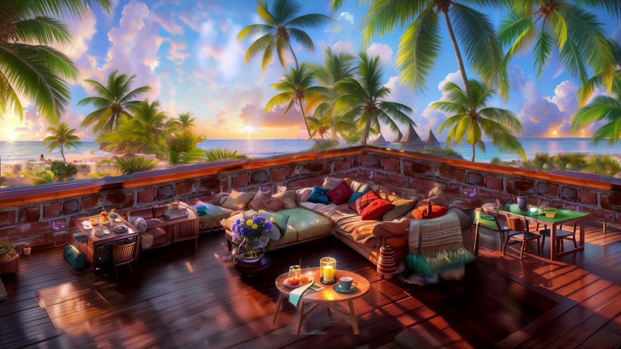 Summer Cozy Porch Ambience View of the Beach Sunset  Soft Piano Jazz Music to Relax, Work, Study