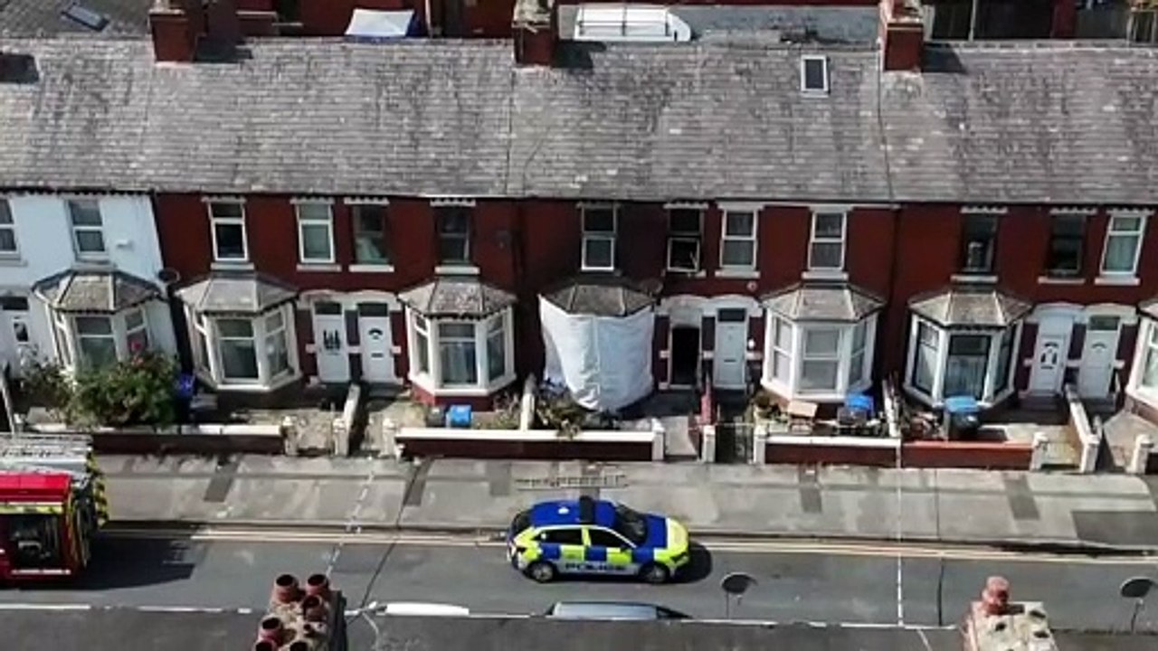 Drone footage shows the devastation of a double fatal house fire in Peter Street, Blackpool