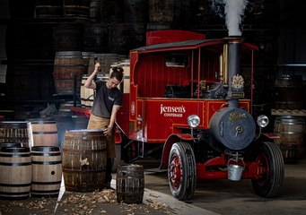Adrian Nash with his hand built Steam Wagon named Harold at Jensens Cooperage