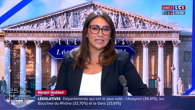 Margot Haddad présente une émission spéciale lors du premier tour des législatives 2024 sur LCI le 30 juin 2024.