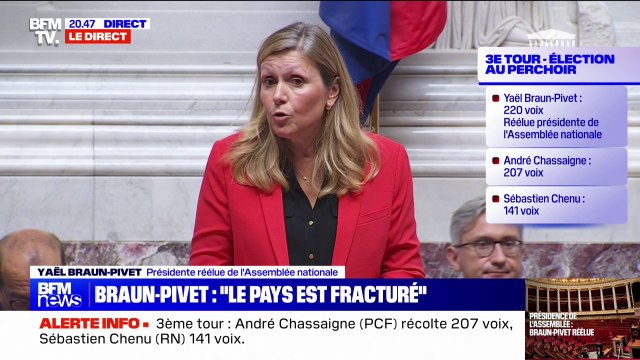 Nous devons nous entendre, coopérer, être capables de rechercher des compromis , souligne Yaël Braun-Pivet lors de son discours après sa réélection à la présidence de l'Assemblée