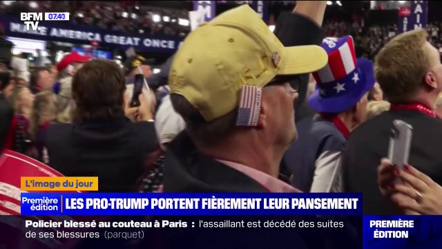 Les pro-Trump portent un pansement sur l'oreille droite en soutien à l'ancien président, victime d'une tentative d'assassinat le 14 juillet