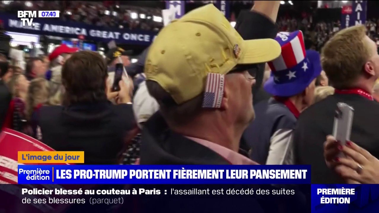 Les pro-Trump portent un pansement sur l'oreille droite en soutien à l'ancien président, victime d'une tentative d'assassinat le 14 juillet