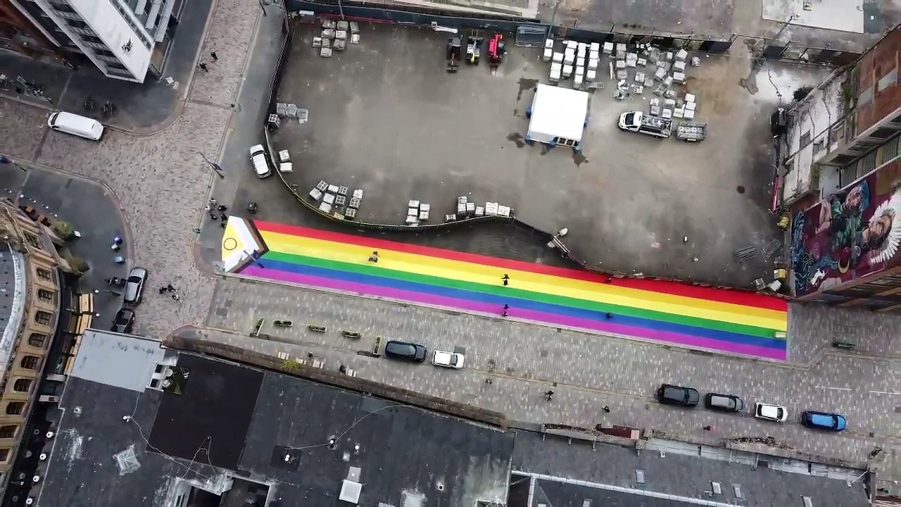 Aerial shot of Rainbow Street mural in Glasgow's Merchant City