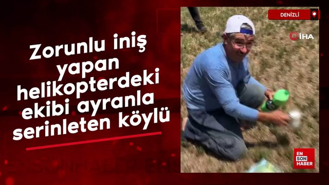 Zorunlu iniş yapan helikopterdeki ekibi ayranla serinleten köylü