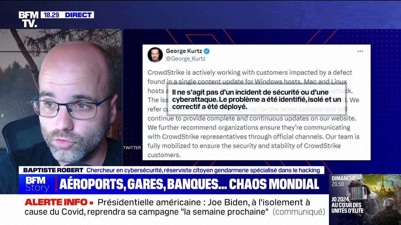 Panne informatique mondiale: "C'est un bon rappel de la nécessité d'avoir des alternatives (...) et de développer en Europe des géants de la cybersécurité", souligne ce chercheur en cybersécurité