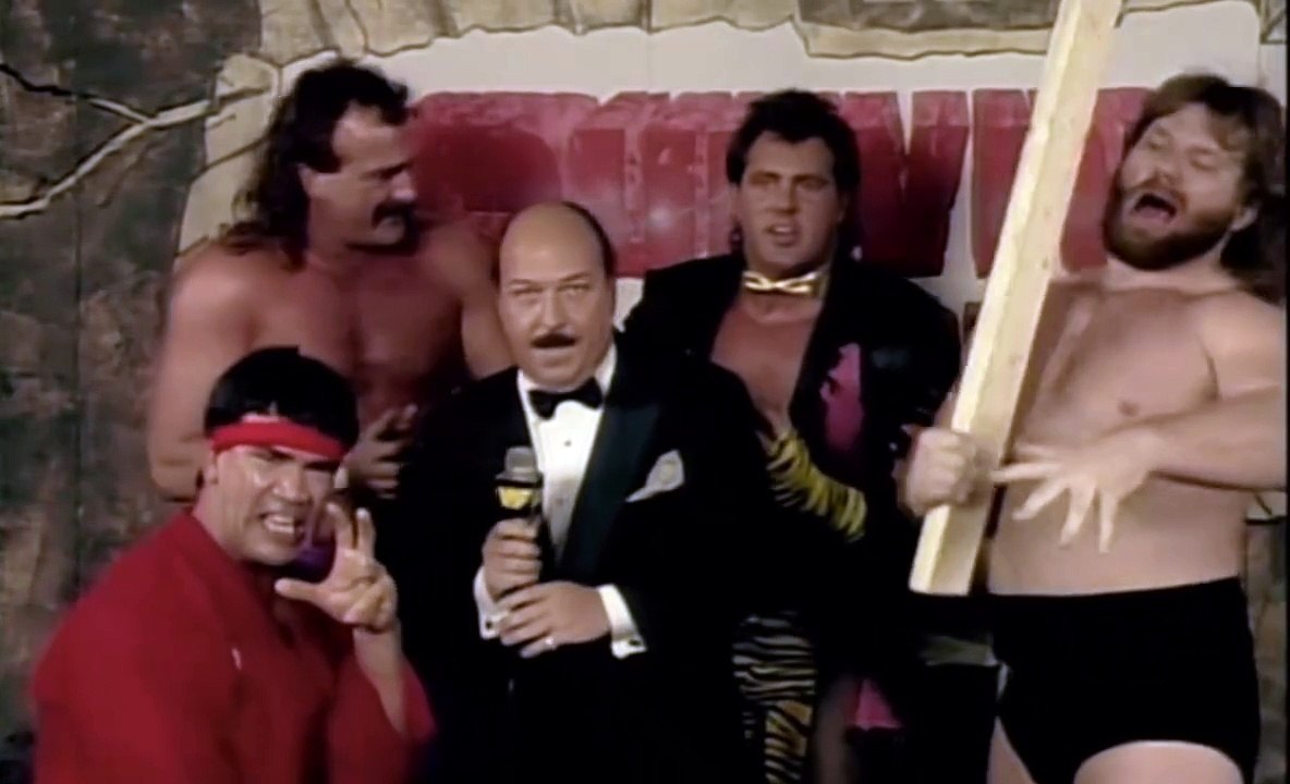 TEAM MADNESS SURVIVOR SERIES OPENING MATCH PROMO THANKSGIVING NIGHT 1987 BRUTUS THE BARBER BEEFCAKE RICKY STEAM BOAT RANDY SAVAGE JAKE THE SNAKE