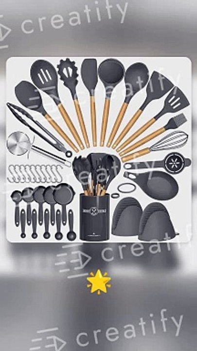 Umite Chef Kitchen Cooking Utensils Set, 33 pcs Non-stick Silicone Spatula Set with Holder, Woodle Handle Heat Resistant Gadgets Utensil (Gray)