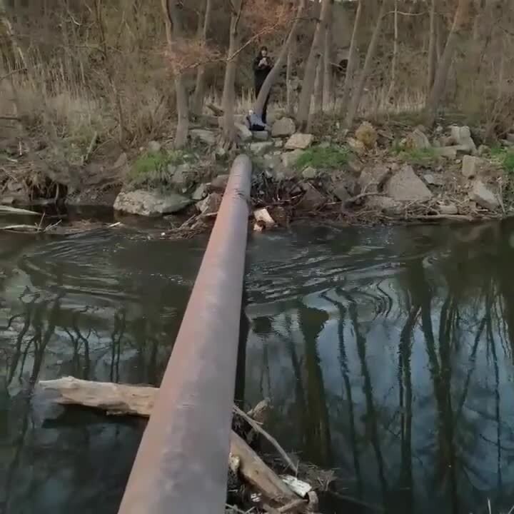 Man Falls in Water While Running Across Pipe