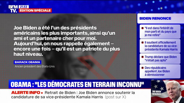 Retrait de Joe Biden: Barack Obama salue la décision de son ex-vice-président, sans citer Kamala Harris