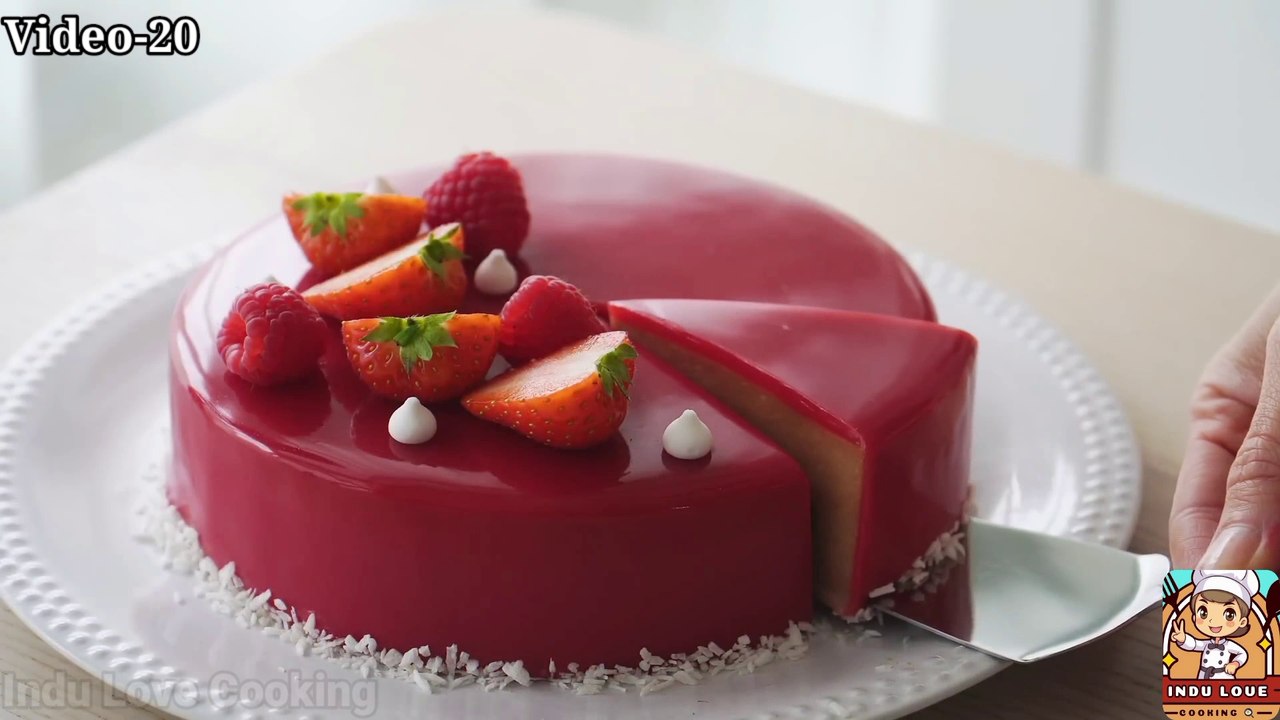 Red Berry Chocolate Mousse Cake. Red Mirror Glaze and strawberry health Cake. #Indulovecooking