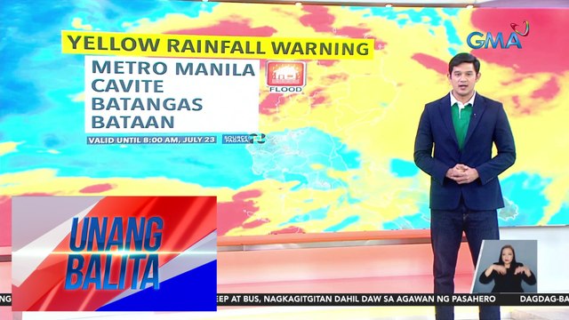 Yellow rainfall warning, nakataas sa Metro Manila at ilang kalapit-probinsya - Weather update today as of 7:14 a.m. (July 23, 2024) | Unang Balita