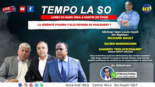 Tempo la So :Michael Jean Louis reçoit Richard Rault, Rajen Narsinghen et Sanjeev Teeluckdharry.