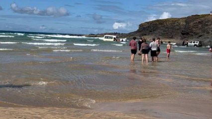 Strong waves steal Mr. Whippy's ice cream truck at Harlyn Bay