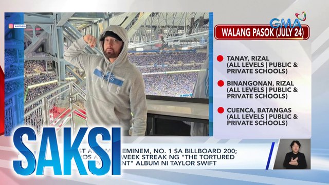 Latest album ni Eminem, no. 1 sa Billboard 200; tinapos ang 12-week streak ng The Tortured Poets Department album ni Taylor Swift | Saksi