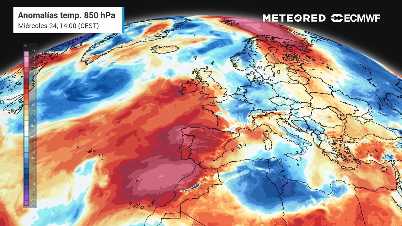 Anomalías positivas de temperatura, previstas para los próximos días, a unos 1500 metros.