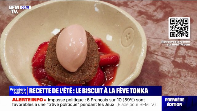 Recette de l'été avec un chef: biscuit fève tonka, compotée de fraises, crème crue et sorbet rhubarbe