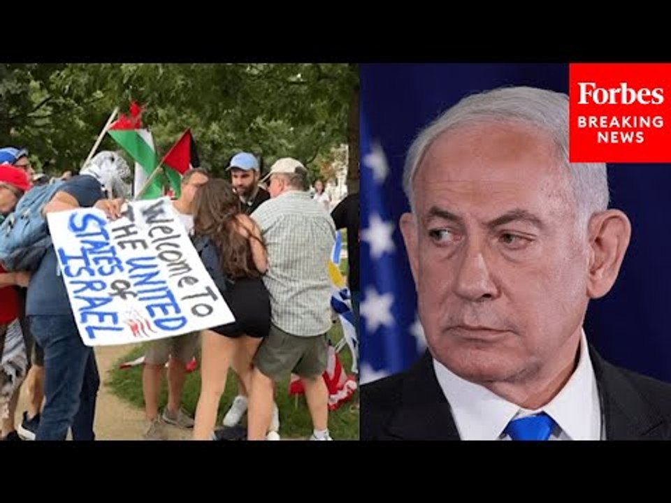 JUST IN: Tensions Rise Between Israel-Palestine Protestors Ahead Of Netanyahu's Speech To Congress