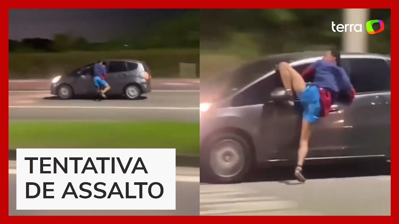 Motoristas flagram homem pendurado na janela de carro em movimento no RJ