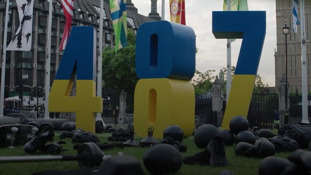Kits of Ukrainian athletes killed in Russian invasion displayed outside Houses of Parliament
